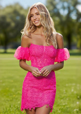 Grand Beauty Lace Orange Homecoming Dress Puff Sleeve for a Memorable Night - Hot Pink - PromDressClub